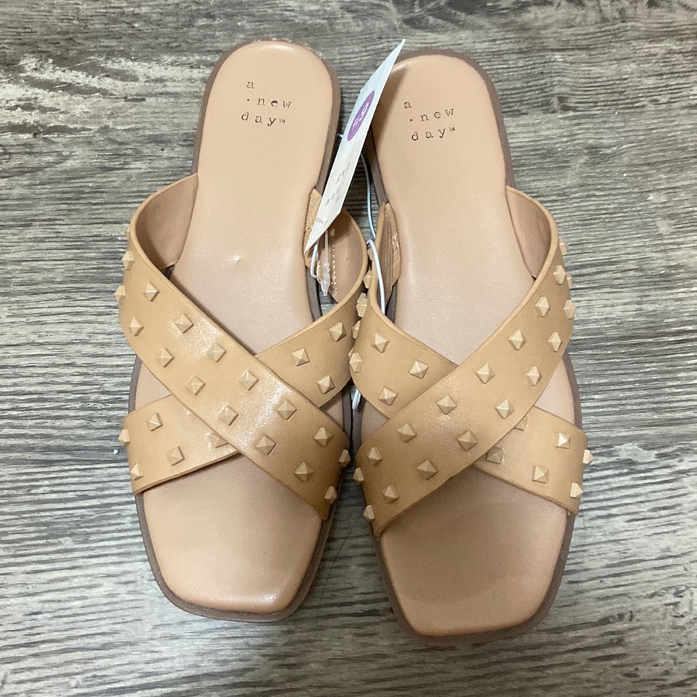 Tan studded slip on sandals, A New Day
